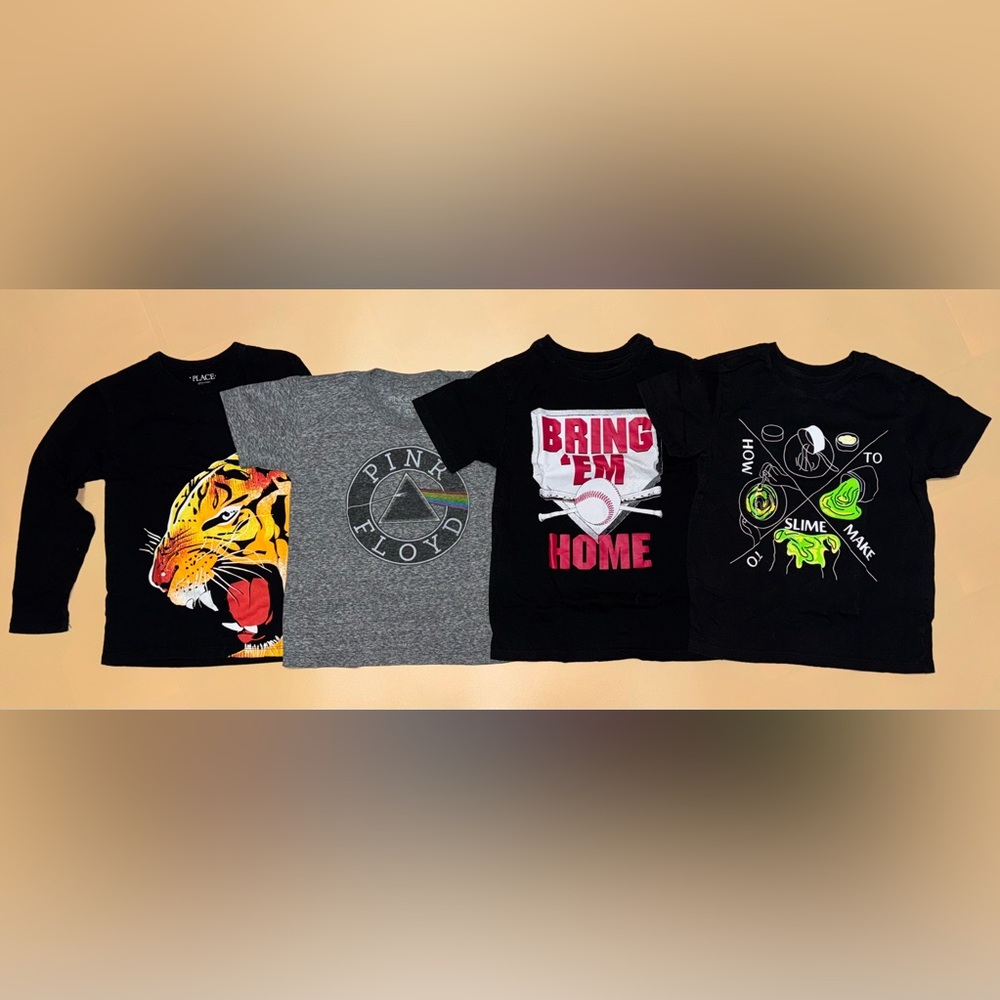Lot of 4 Boys Graphic T-Shirts; Size 5-6; Pink Floyd, Tiger, Baseball, Slime